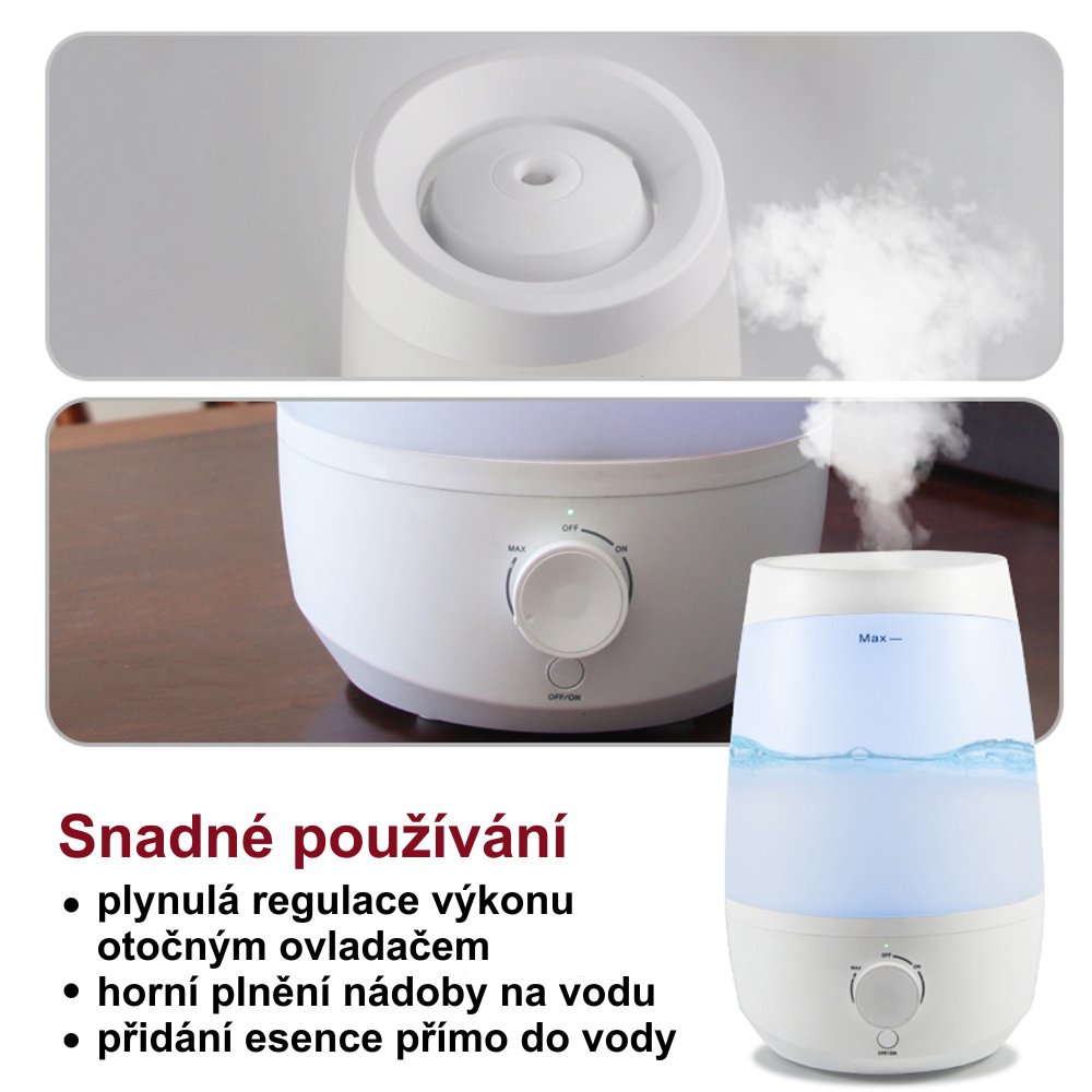 Výhody ultrazvukového zvlhčovače a aroma difuzéru Airbi AROM: praktické horní plnění nádoby, jednoduché ovládání, aromaterapie